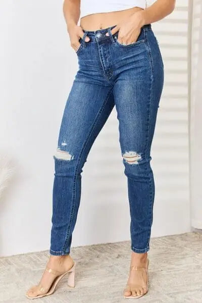 Trendsi Dark / 0 Judy Blue Full Size High Waist Distressed Slim Jeans