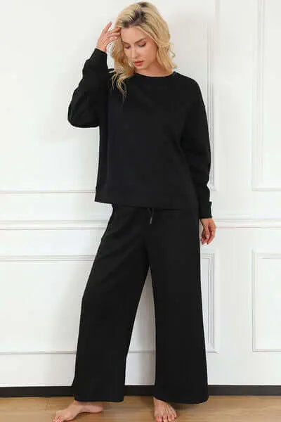 Trendsi Double Take Full Size Textured Long Sleeve Top and Drawstring Pants Set