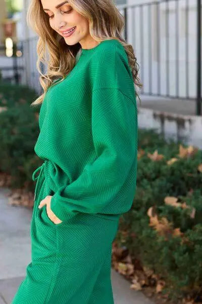 Trendsi Double Take Full Size Textured Long Sleeve Top and Drawstring Pants Set