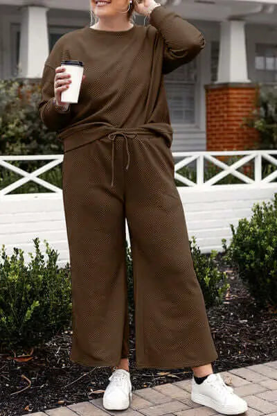 Trendsi Double Take Full Size Textured Long Sleeve Top and Drawstring Pants Set