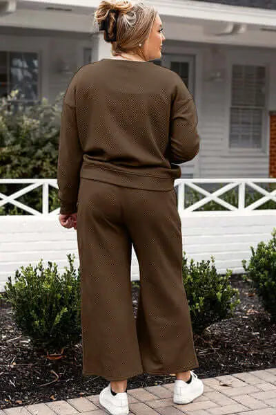 Trendsi Double Take Full Size Textured Long Sleeve Top and Drawstring Pants Set
