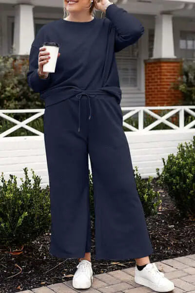 Trendsi Double Take Full Size Textured Long Sleeve Top and Drawstring Pants Set
