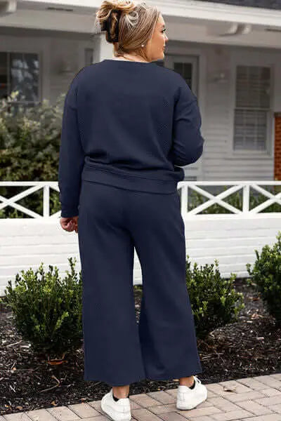 Trendsi Double Take Full Size Textured Long Sleeve Top and Drawstring Pants Set