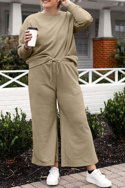 Trendsi Double Take Full Size Textured Long Sleeve Top and Drawstring Pants Set