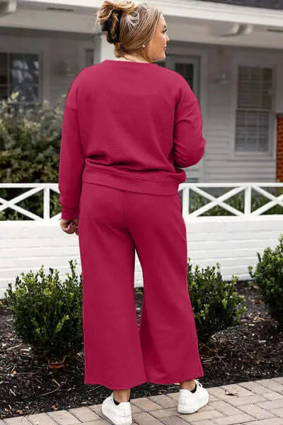 Trendsi Double Take Full Size Textured Long Sleeve Top and Drawstring Pants Set