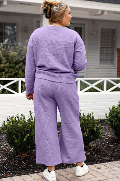 Trendsi Double Take Full Size Textured Long Sleeve Top and Drawstring Pants Set