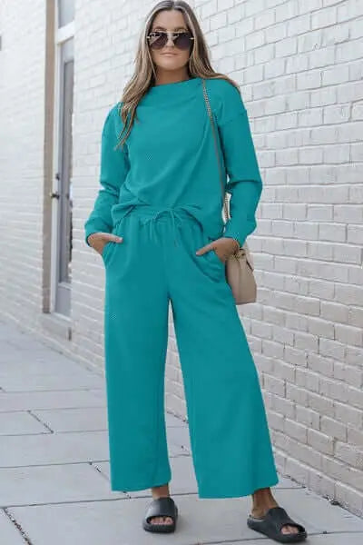 Trendsi Double Take Full Size Textured Long Sleeve Top and Drawstring Pants Set