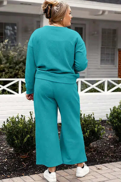Trendsi Double Take Full Size Textured Long Sleeve Top and Drawstring Pants Set