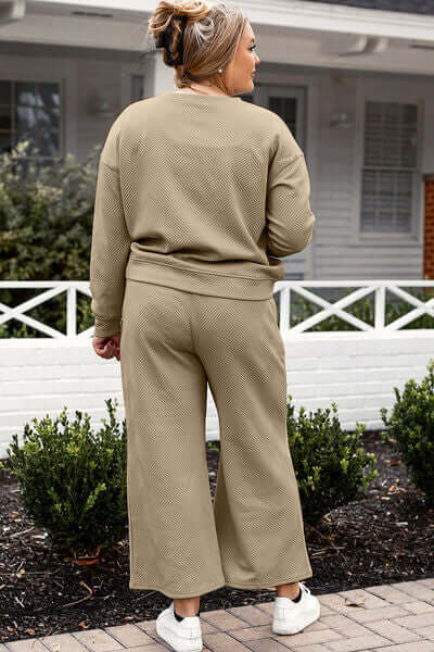 Trendsi Double Take Full Size Textured Long Sleeve Top and Drawstring Pants Set