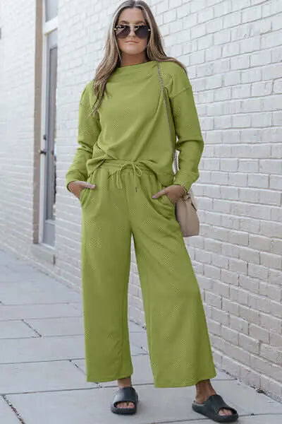 Trendsi Double Take Full Size Textured Long Sleeve Top and Drawstring Pants Set