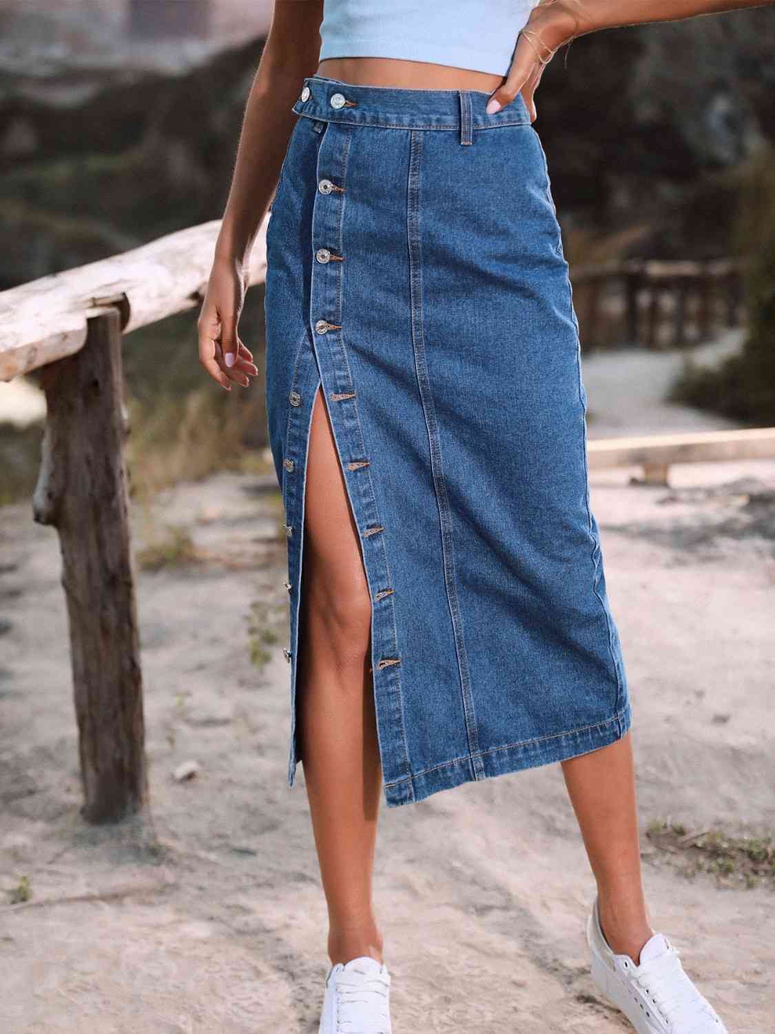 Trendsi French Blue / XS Button Down Denim Skirt