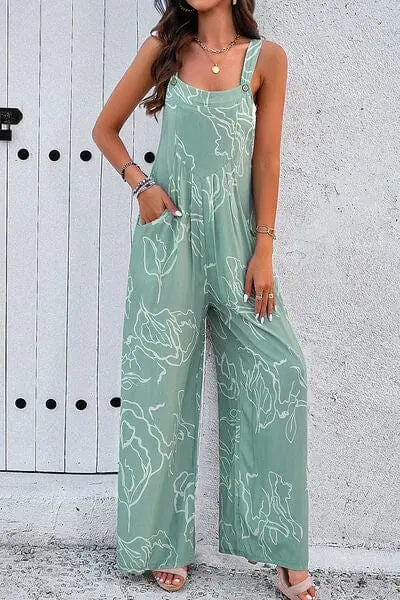 Trendsi Gum Leaf / S Printed Wide Strap Jumpsuit with Pockets