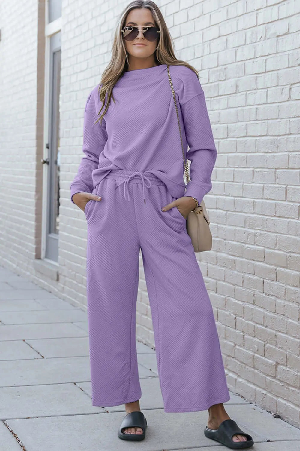 Trendsi Lavender / 3XL Double Take Full Size Textured Long Sleeve Top and Drawstring Pants Set