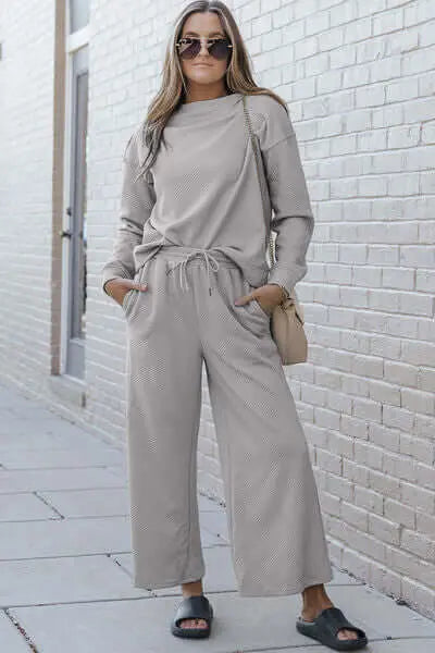 Trendsi Light Gray / S Double Take Full Size Textured Long Sleeve Top and Drawstring Pants Set