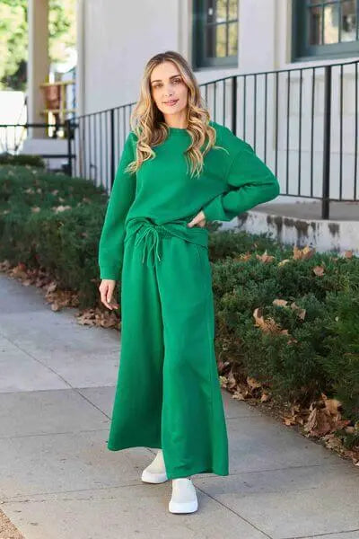 Trendsi Mid Green / S Double Take Full Size Textured Long Sleeve Top and Drawstring Pants Set