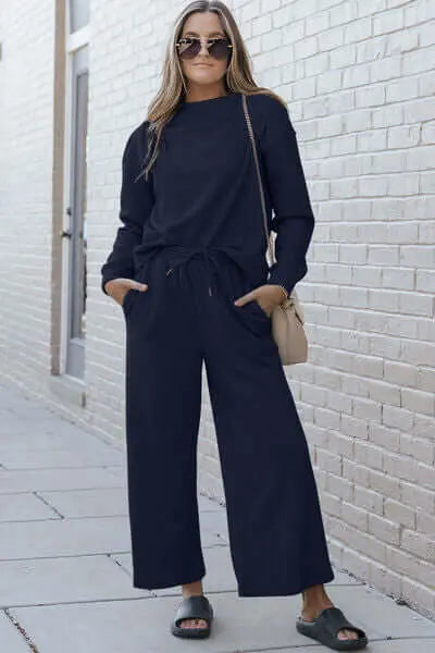 Trendsi Navy / S Double Take Full Size Textured Long Sleeve Top and Drawstring Pants Set