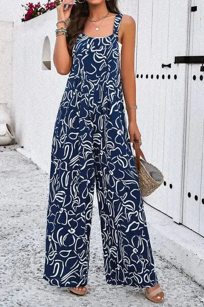 Trendsi Navy / S Printed Wide Strap Jumpsuit with Pockets