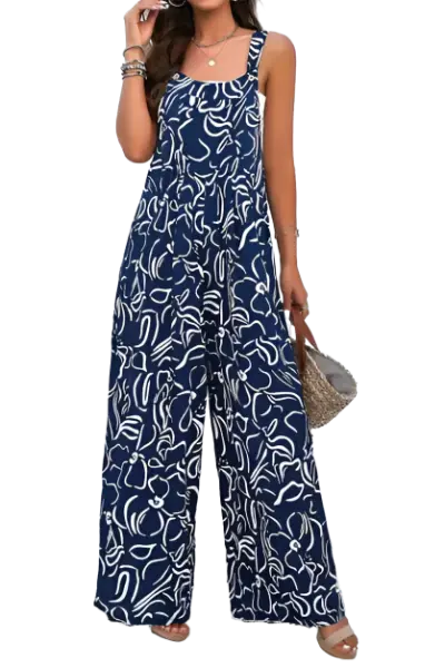 Printed Wide Strap Jumpsuit with Pockets Trendsi