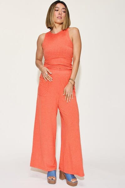 Trendsi Orange / S Basic Bae Full Size Ribbed Tank and Wide Leg Pants Set