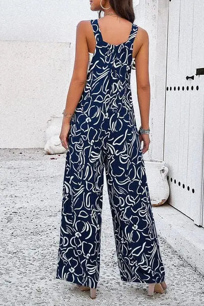 Trendsi Printed Wide Strap Jumpsuit with Pockets