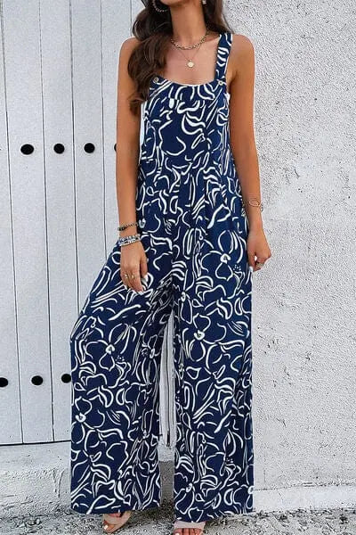 Trendsi Printed Wide Strap Jumpsuit with Pockets