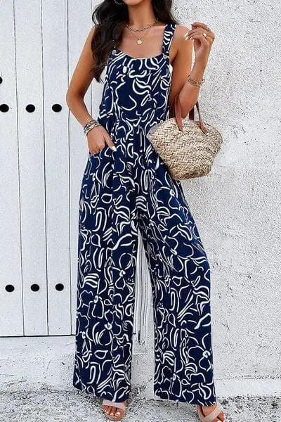 Trendsi Printed Wide Strap Jumpsuit with Pockets