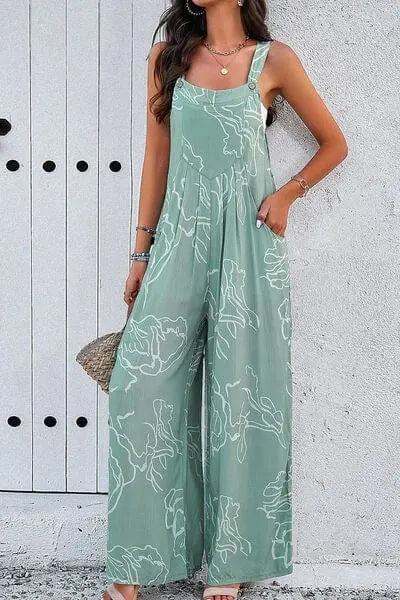 Trendsi Printed Wide Strap Jumpsuit with Pockets