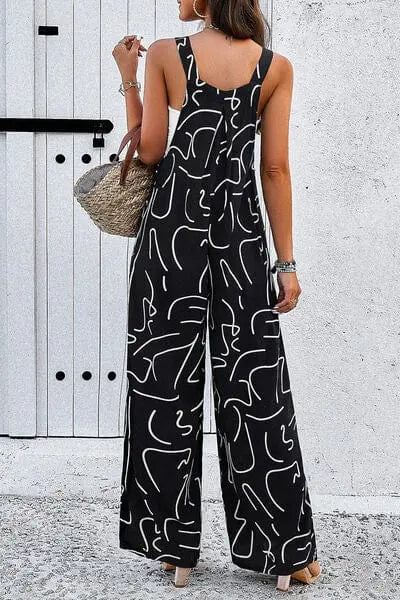 Trendsi Printed Wide Strap Jumpsuit with Pockets