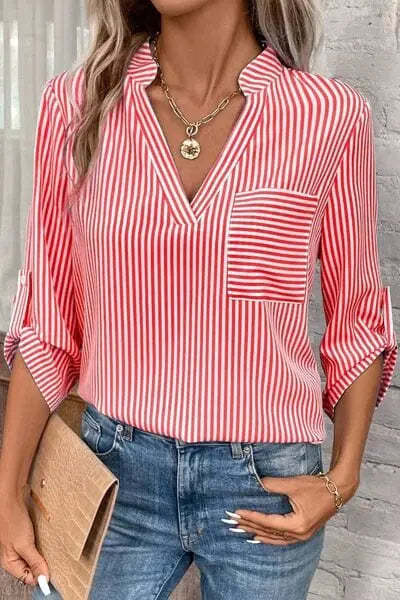 Trendsi Red / S Striped Notched Roll-Tab Sleeve Shirt