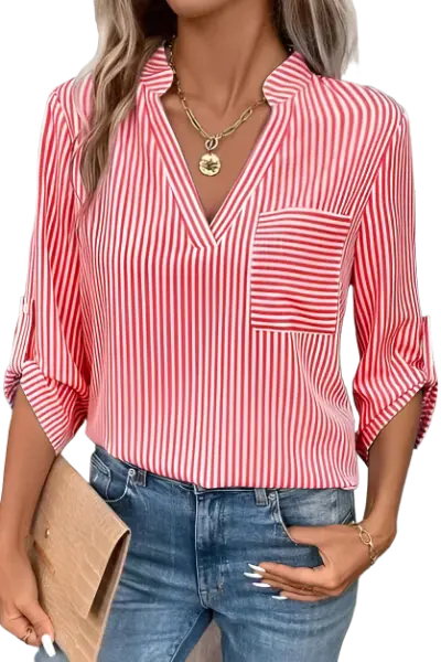 Striped Notched Roll-Tab Sleeve Shirt Trendsi