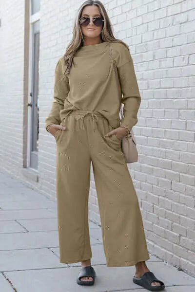 Trendsi Tan / S Double Take Full Size Textured Long Sleeve Top and Drawstring Pants Set