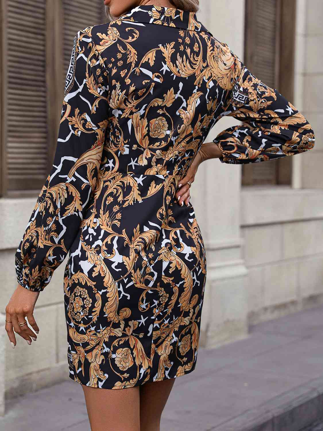 Trendsi Tie Front Printed Collared Neck Shirt Dress