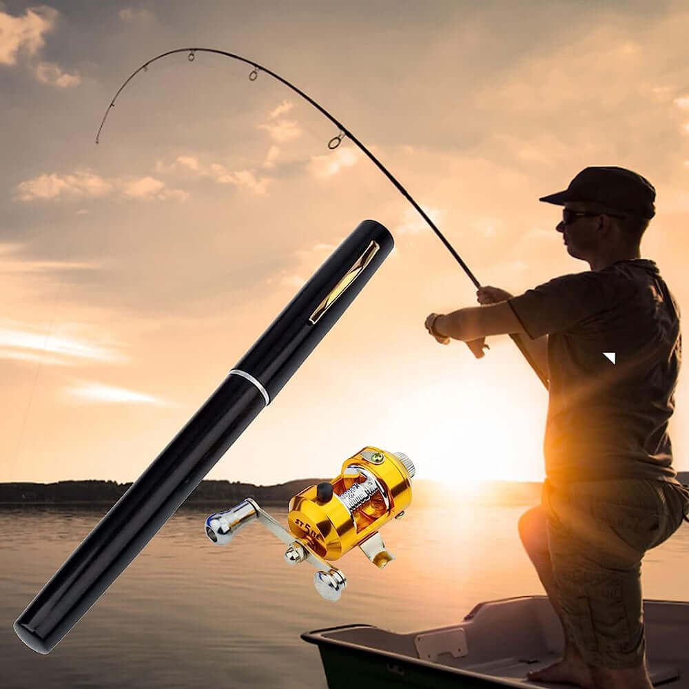 Baomasir Pencil Fishing Rod Foldable Mini Portable Travel Pocket Size Drum  Wheel Aluminum Alloy Pen Shaped Rod Perfect Fishing Rod, 2019, Silver
